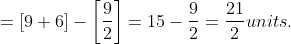 = \left [ 9+6 \right ] - \left [ \frac{9}{2} \right ] = 15-\frac{9}{2} = \frac{21}{2}units.