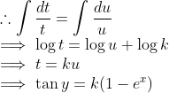 \\ \therefore \int \frac{dt }{t} = \int \frac{du }{u} \\ \implies \log t = \log u + \log k \\ \implies t = ku \\ \implies \tan y= k (1-e^x)