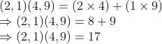 \\(2, 1)(4, 9) = (2 $ \times $ 4) + (1 $ \times $ 9) \\$ \Rightarrow $ (2, 1)(4, 9) = 8 + 9 \\$ \Rightarrow $ (2, 1)(4, 9) = 17