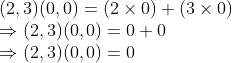 \\(2, 3)(0, 0) = (2 $ \times $ 0) + (3 $ \times $ 0) \\$ \Rightarrow $ (2, 3)(0, 0) = 0 + 0 \\$ \Rightarrow $ (2, 3)(0, 0) = 0