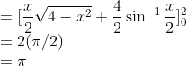 \\=[\frac{x}{2}\sqrt{4-x^2}+\frac{4}{2}\sin^{-1}\frac{x}{2}]^2_0\\ =2(\pi/2)\\ =\pi