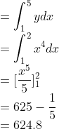\\=\int_{1}^{5}ydx\\ =\int_{1}^{2}x^4dx\\ =[\frac{x^5}{5}]_1^2\\ =625-\frac{1}{5}\\ =624.8