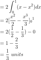\\=2\int_{0}^{1}(x-x^{2})dx\\ =2[\frac{x^{2}}{2}-\frac{x^{3}}{3}]{_{0}}^{1} \\=2(\frac{1}{2}-\frac{1}{3})-0\\ =1-\frac{2}{3}\\ =\frac{1}{3}\ units