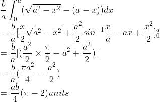 \\\frac{b}{a}\int_{0}^{a}(\sqrt{a^{2}-x^{2}}-(a-x))dx\\ =\frac{b}{a}[\frac{x}{2}\sqrt{a^{2}-x^{2}}+\frac{a^{2}}{2}sin^{-1}\frac{x}{a}-ax+\frac{x^{2}}{2}]_{0}^{a}\\ =\frac{b}{a}[(\frac{a^{2}}{2}\times \frac{\pi }{2}-a^{2}+\frac{a^{2}}{2})]\\ =\frac{b}{a}(\frac{\pi a^{2}}{4}-\frac{a^{2}}{2})\\ =\frac{ab}{4}(\pi -2)units