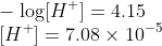 \\-\log[H^+] = 4.15\\ {[H^+]} = 7.08\times 10^{-5}
