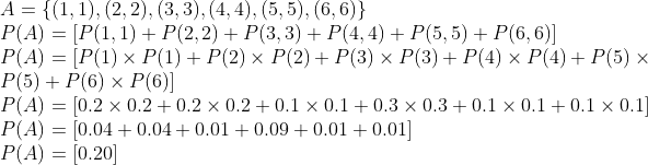 \\A = \{ $ (1,1), (2,2), (3,3), (4,4), (5,5), (6,6)$ \} $ \\ P(A)= [P (1,1) +P (2,2) +P (3,3) + P (4,4) + P (5,5) + P (6,6)] \\ P(A)= [P (1) $ \times $ P (1) + P (2) $ \times $ P (2) + P (3) $ \times $ P (3) + P (4) $ \times $ P (4) +P (5) $ \times $ P (5) + P (6) $ \times $ P (6)] \\ P(A)= [0.2$ \times $ 0.2+ 0.2$ \times $ 0.2+ 0.1$ \times $ 0.1+0.3$ \times $ 0.3+ 0.1$ \times $ 0.1+ 0.1 $ \times $ 0.1] \\ P(A)= [0.04+ 0.04+ 0.01+ 0.09+ 0.01+0.01] \\ P(A)= [0.20] \\