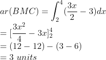 \\ar(BMC)=\int_{2}^{4}(\frac{3x}{2}-3)dx\\ =[\frac{3x^{2}}{4}-3x]_{2}^{4}\\ =(12-12)-(3-6)\\ =3\ units