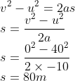 \\v^{2}-u^{2}=2as\\ s=\frac{v^{2}-u^{2}}{2a}\\ s=\frac{0^{2}-40^{2}}{2\times -10}\\ s=80m