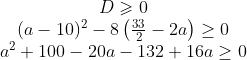 \begin{array}{c}{D \geqslant 0} \\ {(a-10)^{2}-8\left(\frac{33}{2}-2 a\right) \geq 0} \\ {a^{2}+100-20 a-132+16 a \geq 0}\end{array}
