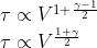 \begin{array}{l}{\tau \propto V^{1+\frac{\gamma-1}{2}}} \\ {\tau \propto V^{\frac{1+\gamma}{2}}}\end{array}