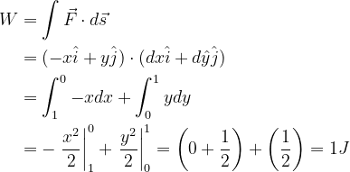 \begin{aligned} W &=\int \vec{F} \cdot d \vec{s} \\ &=(-x \hat{i}+y \hat{j}) \cdot(d x \hat{i}+d \hat{y} \hat{j}) \\ &=\int_{1}^{0}-x d x+\int_{0}^{1} y d y \\ &=-\left.\frac{x^{2}}{2}\right|_{1} ^{0}+\left.\frac{y^{2}}{2}\right|_{0} ^{1}=\left(0+\frac{1}{2}\right)+\left(\frac{1}{2}\right)=1 J \end{aligned}
