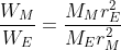 \frac{W_{M}}{W_{E}}=\frac{M_{M}r_{E}^{2}}{M_{E}r_{M}^{2}}