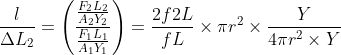\frac{l}{\Delta L_2}=\left (\frac{\frac{F_{2}L_{2}}{A_{2}Y_{2}}}{\frac{F_{1}L_{1}}{A_{1}Y_{1}}} \right )=\frac{2f2L}{fL}\times \pi r^{2}\times \frac{Y}{4\pi r^{2}\times Y}