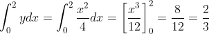 \int_{0}^{2}ydx = \int_{0}^{2}\frac{x^2}{4}dx = \left [ \frac{x^3}{12} \right ]_{0}^{2}= \frac{8}{12}= \frac{2}{3}