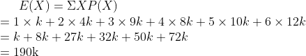 E(X)=\Sigma X P(X)$ \\$=1 \times k+2 \times 4 k+3 \times 9 k+4 \times 8 k+5 \times 10 k+6 \times 12 k$ \\$=k+8 k+27 k+32 k+50 k+72 k$ \\$=190 \mathrm{k}$