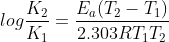 log\frac{K_2}{K_1}=\frac{E_a(T_2-T_1)}{2.303RT_1T_2}