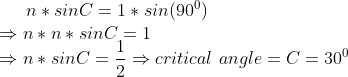 n*sinC=1*sin(90^0)\\ \Rightarrow n*n*sinC=1\\ \Rightarrow n*sinC=\frac{1}{2}\Rightarrow critical \ angle =C=30^0