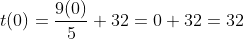 t ( 0 ) = \frac{9 (0) }{5} + 32= 0+ 32 = 32