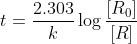 t = \frac{2.303}{k} \log\frac{[R_{0}]}{[R]}